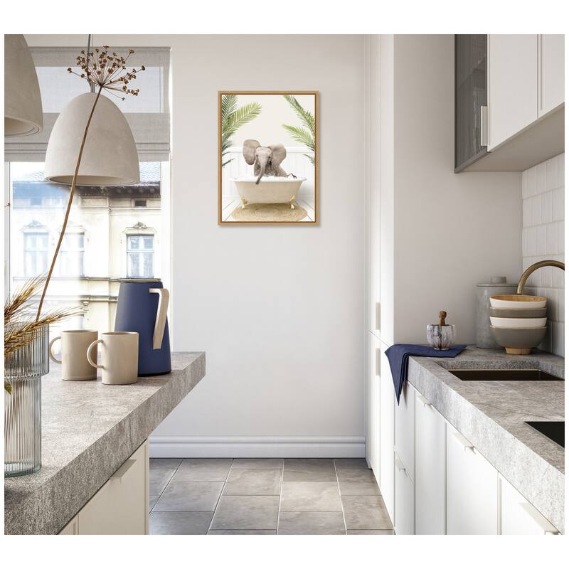Kate and Laurel Sylvie Baby Elephant 3 in Palms Bathtub Framed Canvas by Amy Peterson