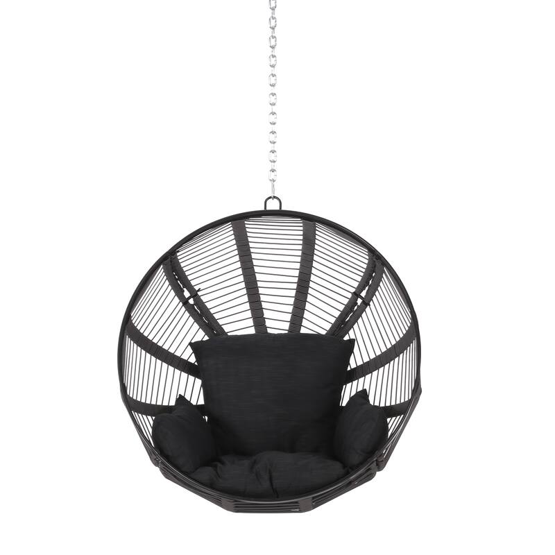 Roomfitters Modern Round Hanging Basket Swing, Large Spherical Wicker Frame with Plush Cushions for Outdoor Patio Seating, Black
