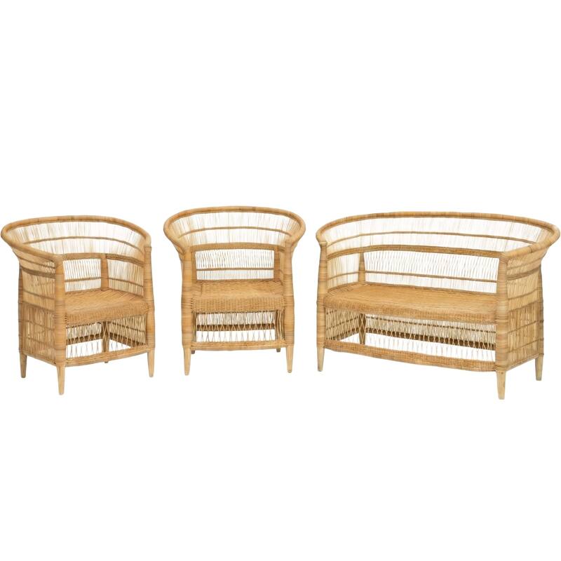 100% Handwoven Natural Rattan 3-Piece Indoor Seating Set with 2 Chairs and Loveseat, Solid Wood Frame, Boho Farmhouse