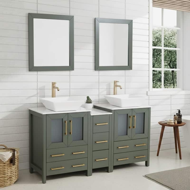 Vanity Art 60" Double Sink Bathroom Vanity Set with Engineered Marble Top and Free Mirror - 60 W X 18.5 D X 31.1 H