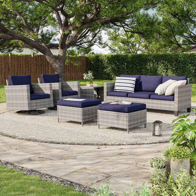 LIVOOSUN Patio 6Pcs Furniture Conversation Gray Rattan Swivel Rocking Sofa Set - Gray/NavyBlue