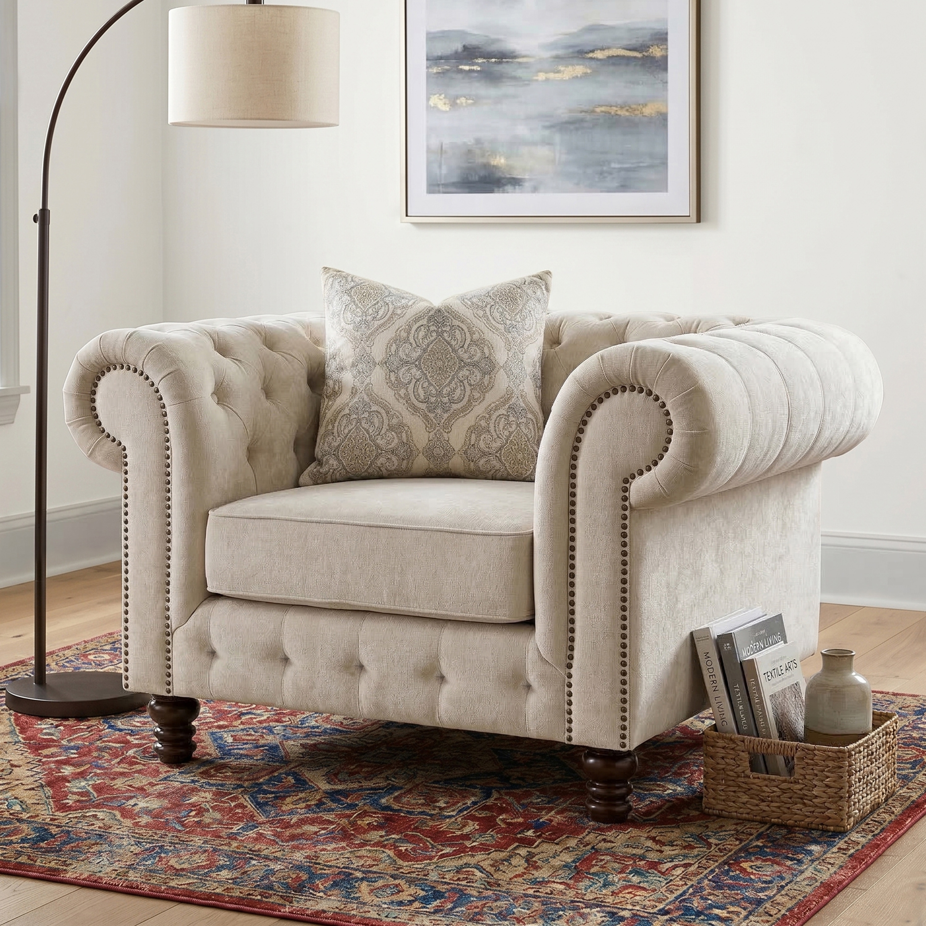 Furniture of America Ravti Traditional Beige Solid Wood Chesterfield Rolled Arm Chair