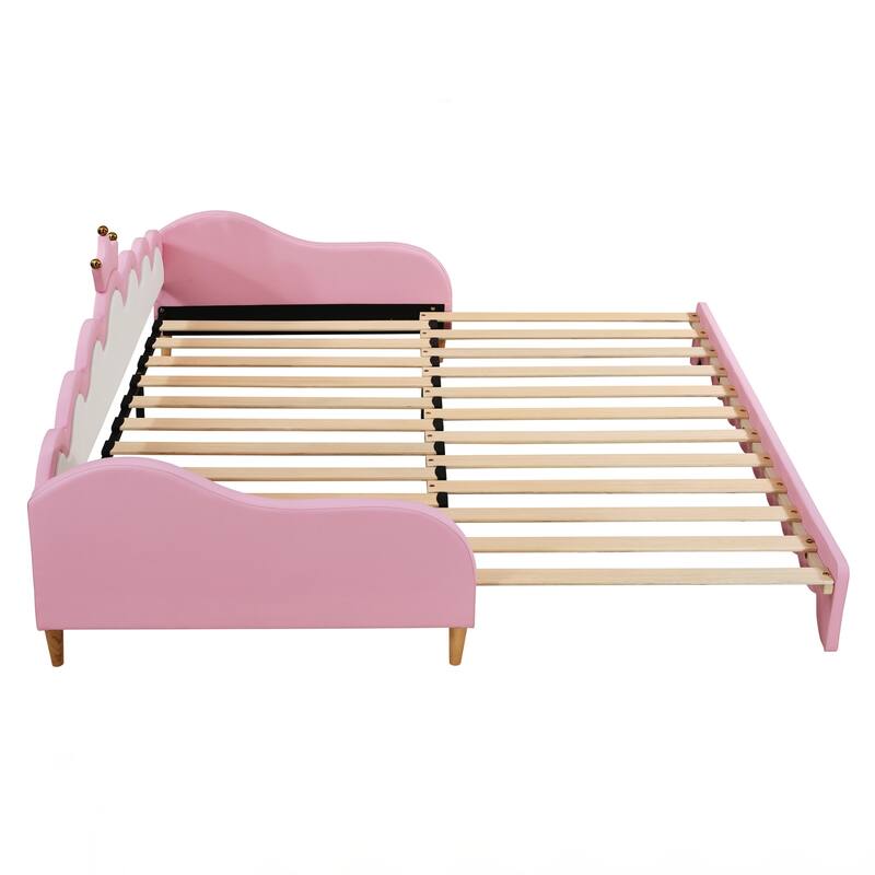 Twin Extending Daybed with LED Lights, Modern Upholstered Princess Daybed With Crown Headboard