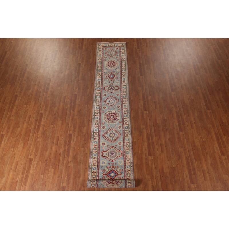 Light Blue Kazak Runner Rug Hand-Knotted Wool Carpet - 2'7" x 15'9"