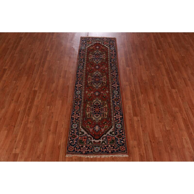 Hand Knotted Oriental 100% Wool Carpet Traditional Geometric Oranges & Rust Heriz (serapi) Runner Rug - 8' 0'' X 2' 6''