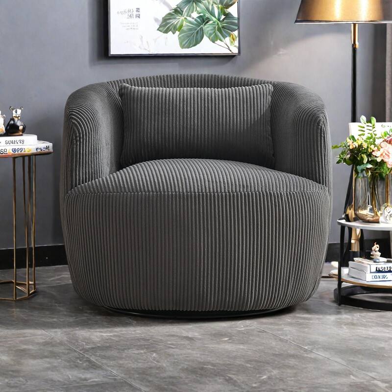 Corduroy 360° Swivel Barrel Chair with Metal Base, High-Density Foam Cushion, and Included Pillow - Charcoal