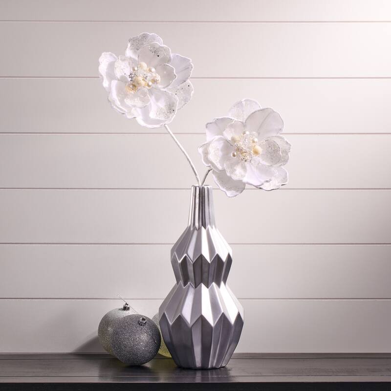 24" Iced With Jewel Encrusted Magnolia Stem - White