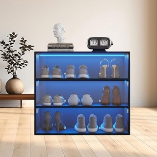 Stackable Shoe Storage Led Glass Door Shoe Storage Rack Cabinet with RGB LED Lights, Stackable ...