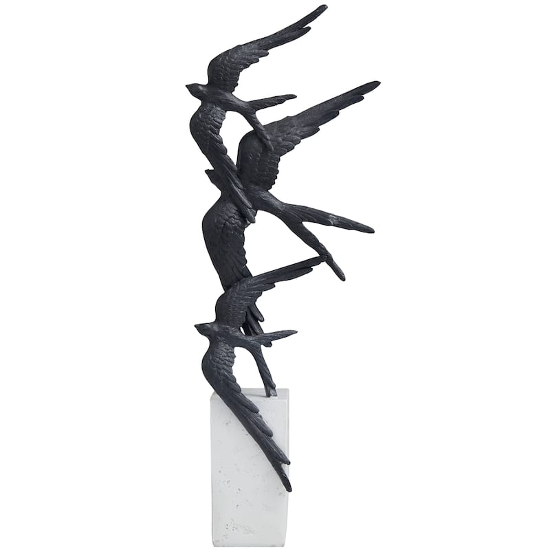 Black Polystone Flying Bird Sculpture with White Block Base