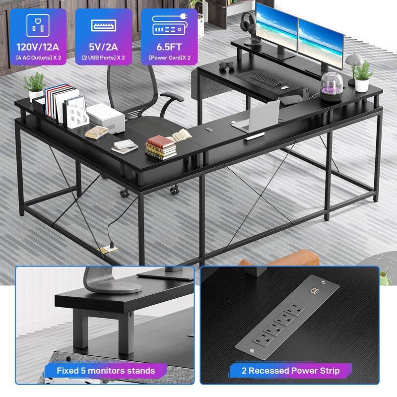 U Shaped Desk, 126 Inch Gaming Desk with Monitor Stand and LED Lights