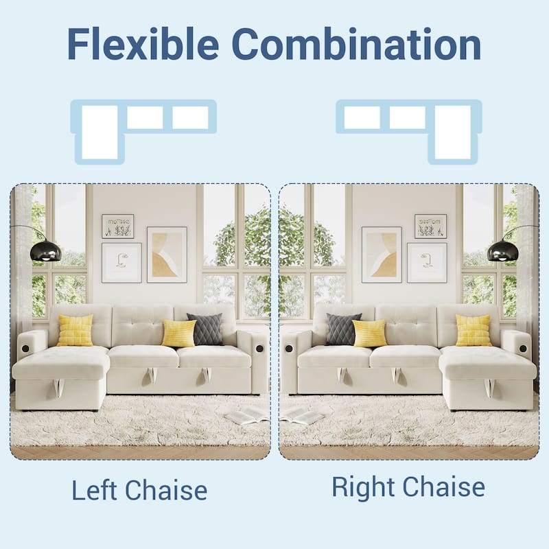 84 Inch Sleeper Sofa Couch, L-Shaped Sofa, Convertible Pull Out Sofa Bed with Storage, Charging Station, Led Lights