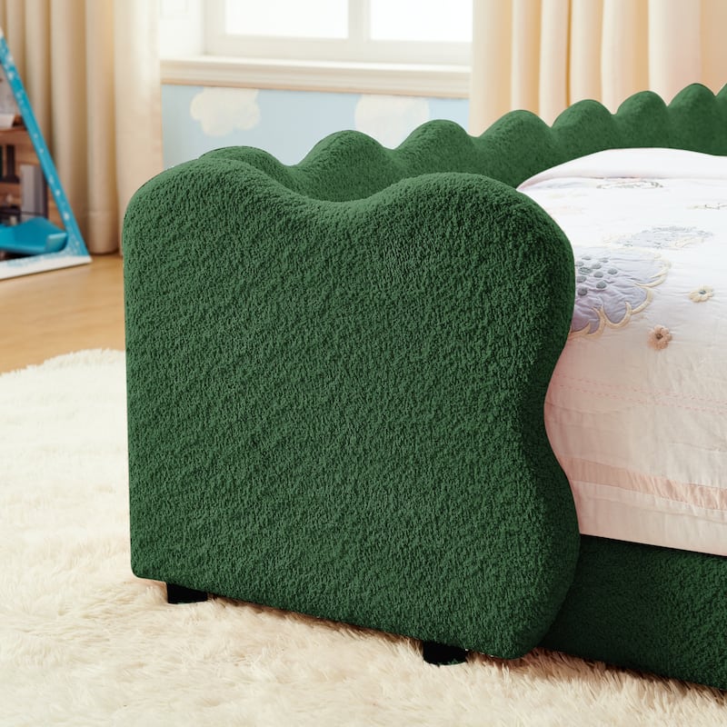 Twin Dinosaur-Shaped Kids Bed with Safety Guardrail - Solid Wood Toddler Bed Frame in Boucle Fabric