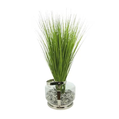 Organic Modern Grass Arranged in Glass Vase with Rocks - Green