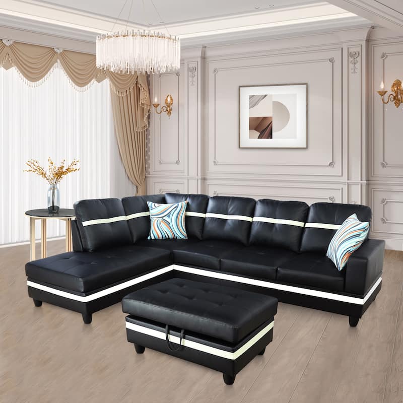 L-Shape Semi PU Leather Living Room Sofa Set with Ottoman,3-Piece - Black - Left Facing
