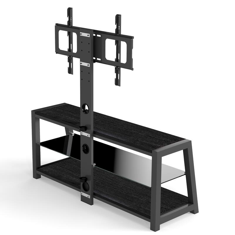 Wooden Storage TV Stand Black Tempered Glass Height Adjustable Universal Swivel Entertainment Center With Mount TV Stand,black