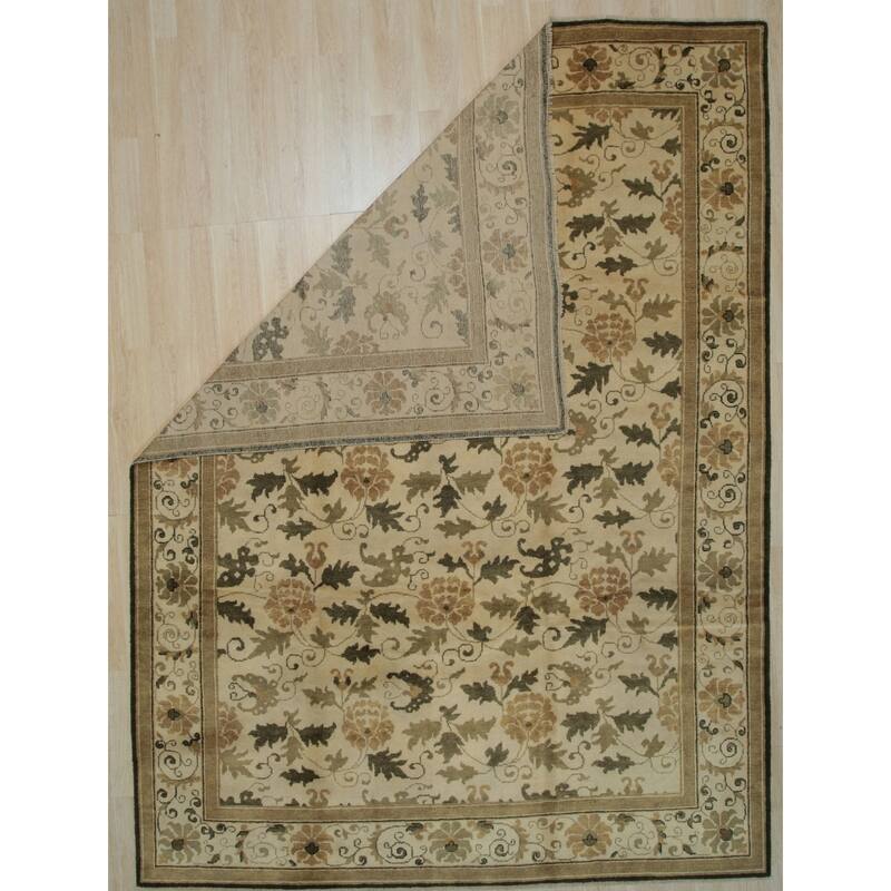Ivory Handmade Wool Transitional Ningxia Rug, 9' x 12', Soft Wool, Hand Knotted, Elegant Subtle Design Rug - N/A