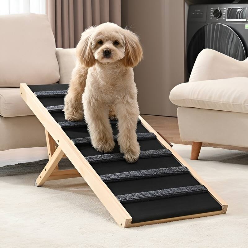 Natural-Black Wood Dog Ramp with Non-Slip Rubber and Adjustable Height