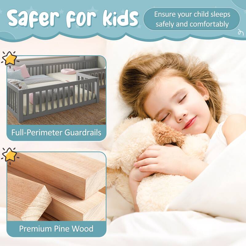 Full Size House Floor Bed, Double Full Floor Bed with Door and Full-length Guardrails, Multi-function Design