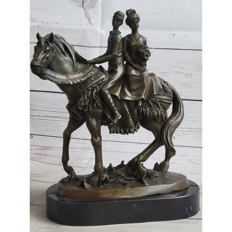 Elegant Bride And Groom On Imitative Horse Back Solid Bronze Sculpture By Milo Hand Made