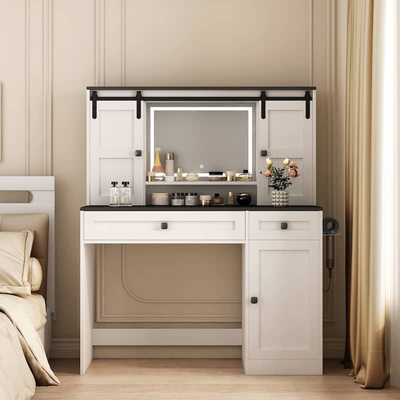 43" Wide Dressing Table with Lighted Mirror and Makeup Drawer, Large Modern Dressing Table Set with Hair Dryer Holder