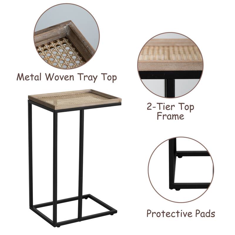 COZAYH Farmhouse C Table End Table, Metal Distressed Woven Pattern Tray Top Snack Side Table