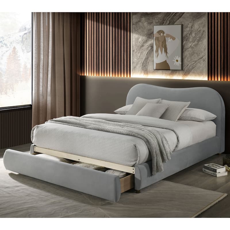 Furniture of America Niric Modern Fabric Upholstered Platform Bed with Storage Footboard - Light Grey Velvet - King