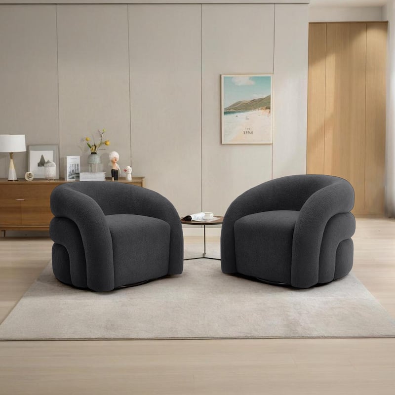 Boucle Swivel Accent Chair Round Barrel Armchair Set of 2 - Gray