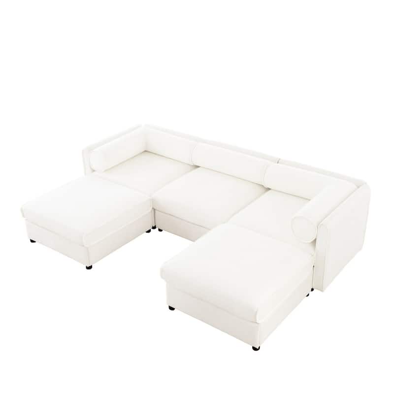 Modern 3-seater Chenille Sectional Sofa with Hidden Storage Seats & Ottoman