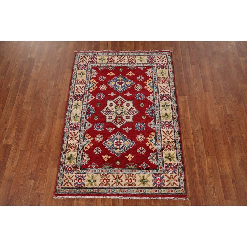 Red Geometric Kazak Accent Rug Handmade Traditional Wool Carpet - 3'5" x 5'0"