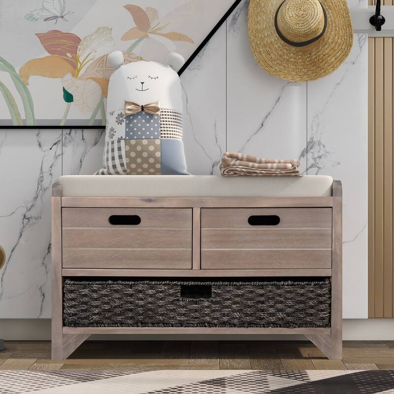 Storage Bench with Removable Basket & Drawers, Fully Assembled Benches Bench with Removable Cushion, for Entryway or Livingroom