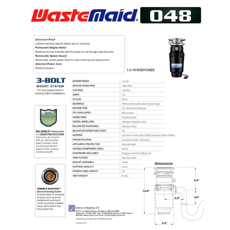 Waste Maid 1/3 HP Garbage Disposal, Continuous Feed, Anti-Jam - 1/3 hp