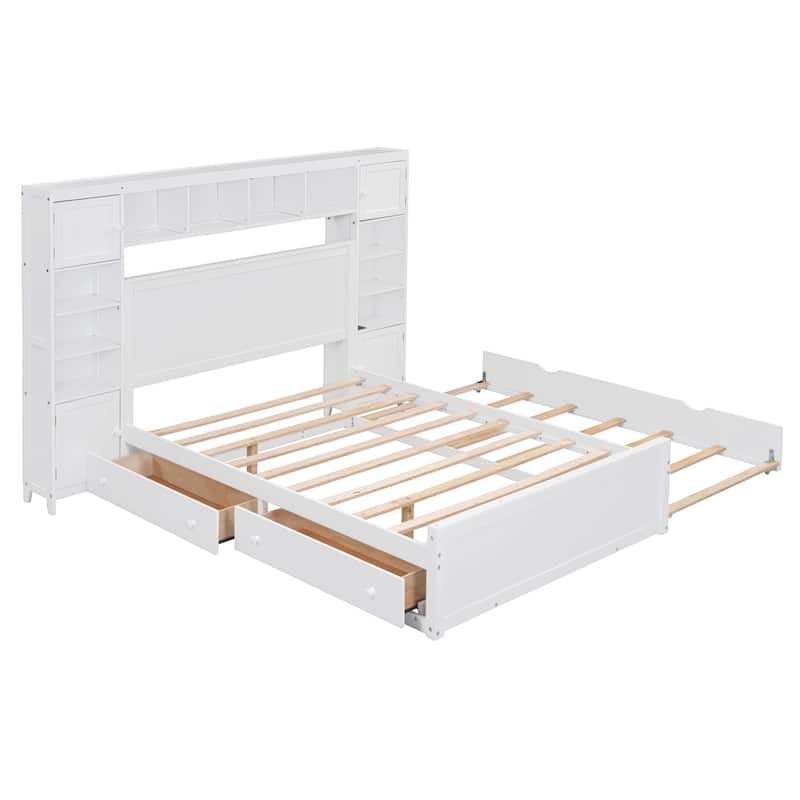 Full Size Wooden Bed with Built-in Cabinet, Shelf, Outlets, and Trundle in White
