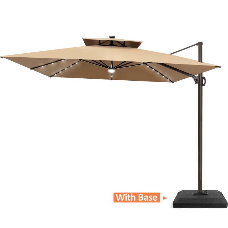 VredHom 11X11 FT Outdoor Square Cantilever Patio Umbrella Aluminum Solar LED Light with HDPE Base