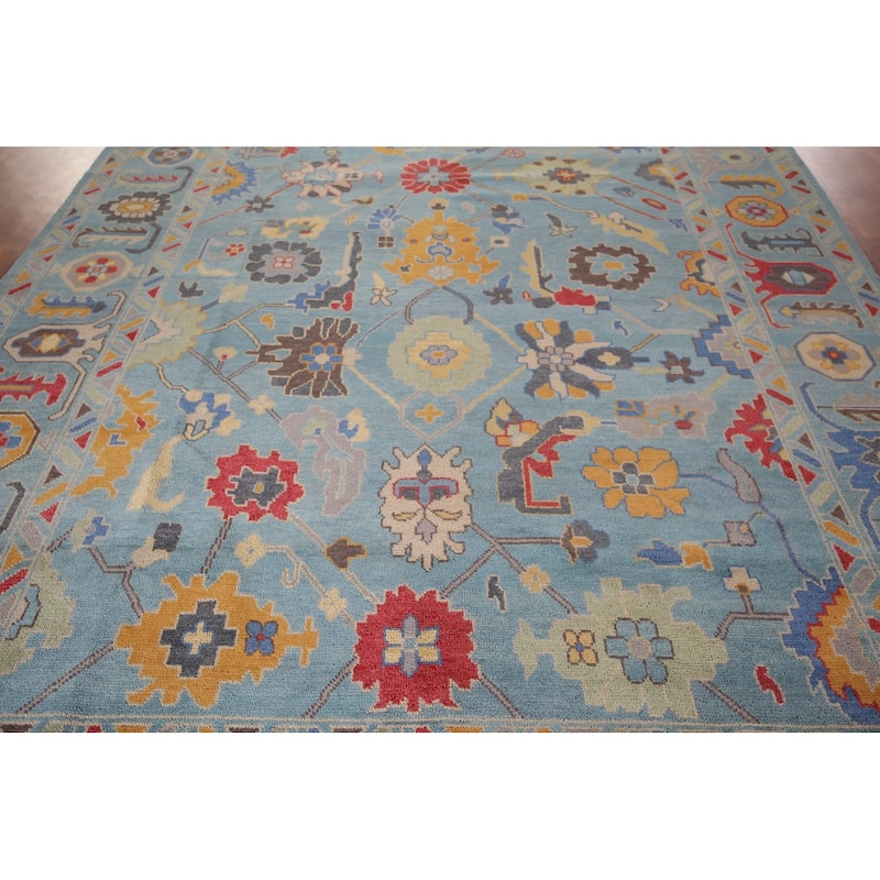 Light Blue Oushak Indian Area Rug Hand-Knotted Floral Wool Carpet - 8'11"x 11'11"