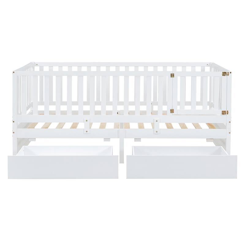 Pine Wood Daybed Floor Bed Frame with Fence Guardrails and 2 Drawers, Converts into Two Individual Beds, No Box Spring Needed