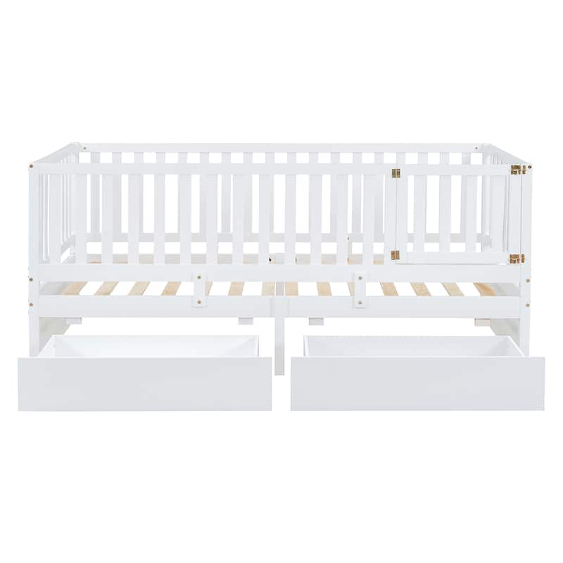 Twin Size Wood Daybed with Fence Guardrails and 2 Drawers, Split into Independent Floor Bed & Daybed