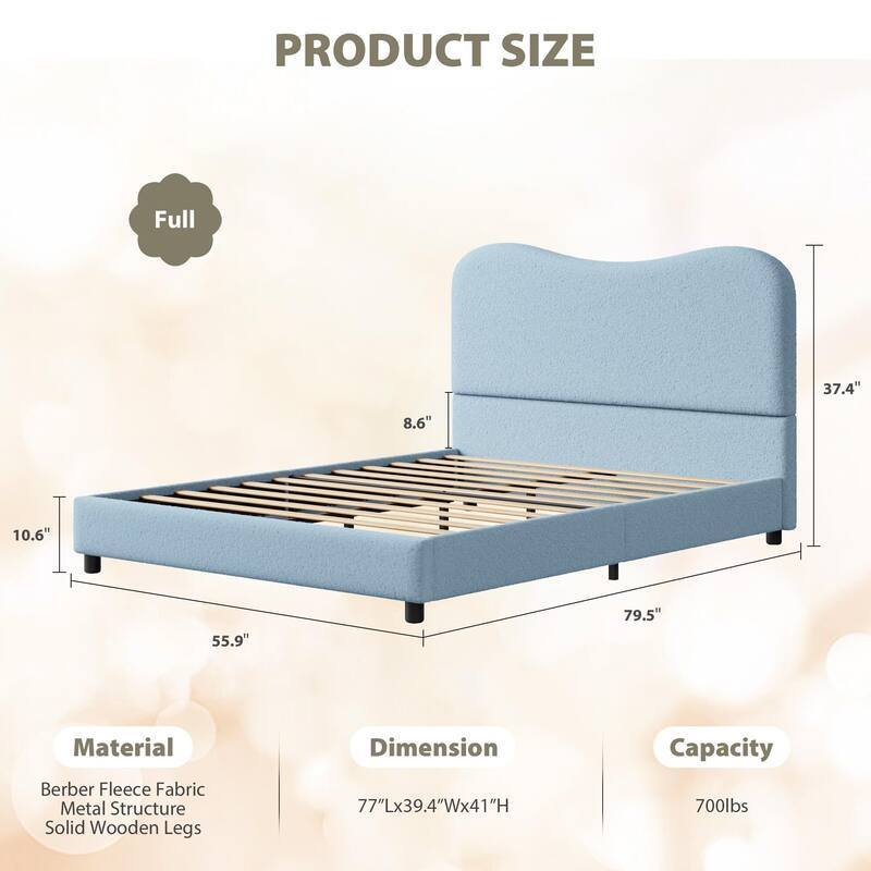 Low Profile Sturdy Platform Bed, with Velvet Upholstered Headboard, Strong Wooden Slats