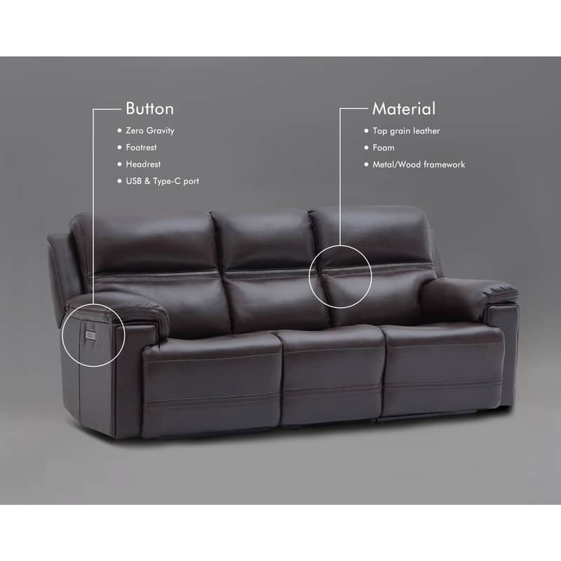 Genuine Leather Dual Power Sofa with Zero Gravity, Adjustable Headrest, Footrest, USB/Type-C & Cross-stitching Detail