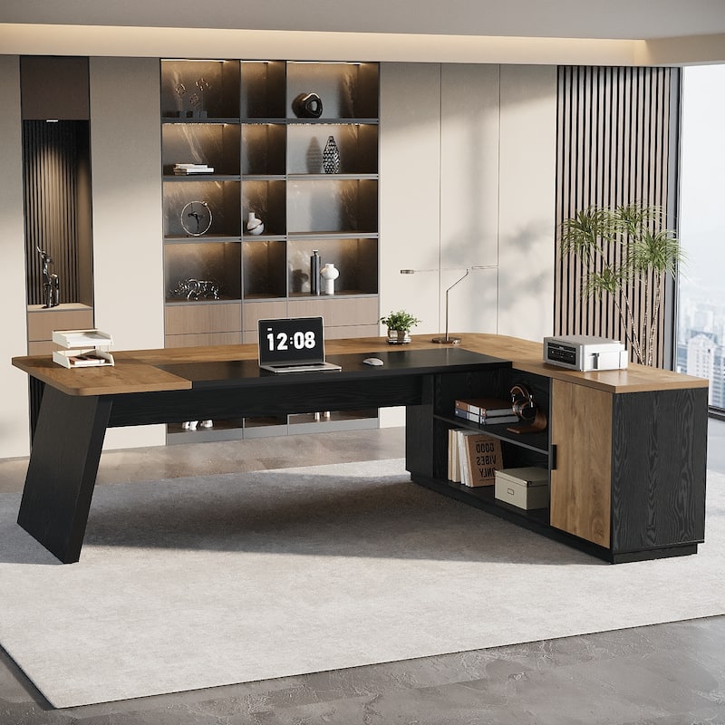 79 Inch Large Executive Office Desk with Cabinet, L-Shaped Desk with Storage Shelves, Wooden Corner Desk for Home Office - Black & Light Brown