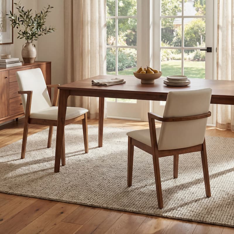 Christopher Knight Home - Mid-Century Modern Upholstered Wood Dining Arm Chairs with Ergonomic Armrests & Backrest, Set of 2 - Beige PU+Walnut Legs