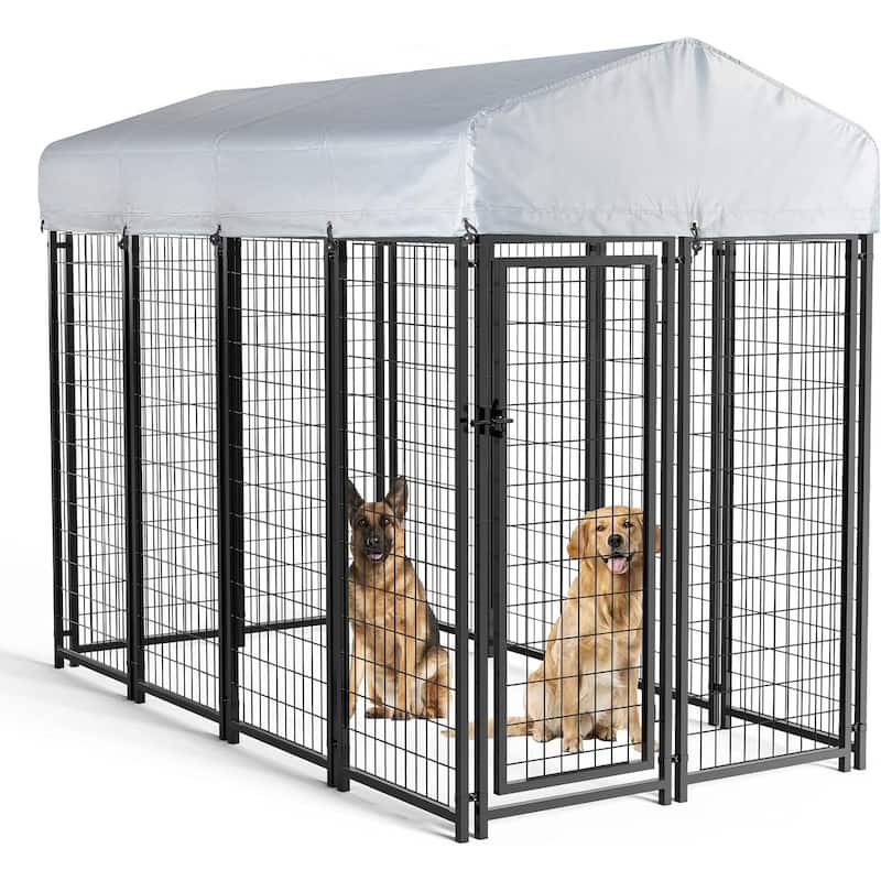 BOSSIN Large Outdoor Dog Kennel Galvanized Steel Fence with UV-Resistant Oxford Cloth Roof & Secure Lock - Black - 93"L x 50.4"W x 72.1"H - Assembly Required