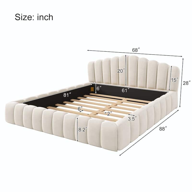 Velvet Upholstered Queen Bed Frame with Shell-Shaped Headboard