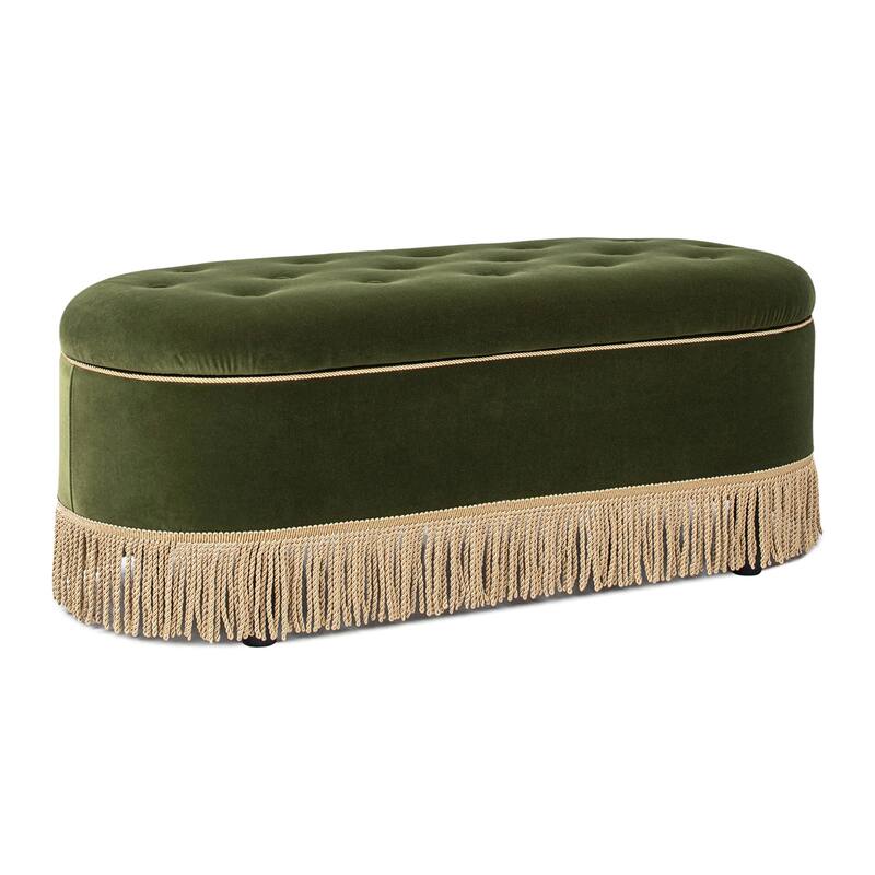 Melinda 48.5" Upholstered Tufted Oval Storage Bench with Bullion Fringe