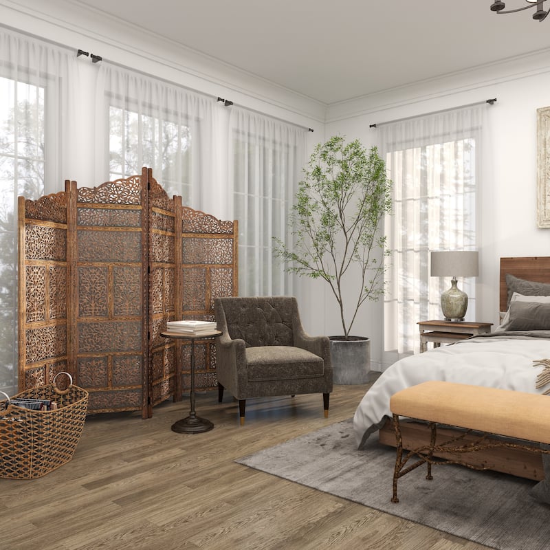Wooden Floral Handmade Foldable Arched 4 Panel Room Divider Screen with Intricately Carved Designs - Brown - Roche River Decor