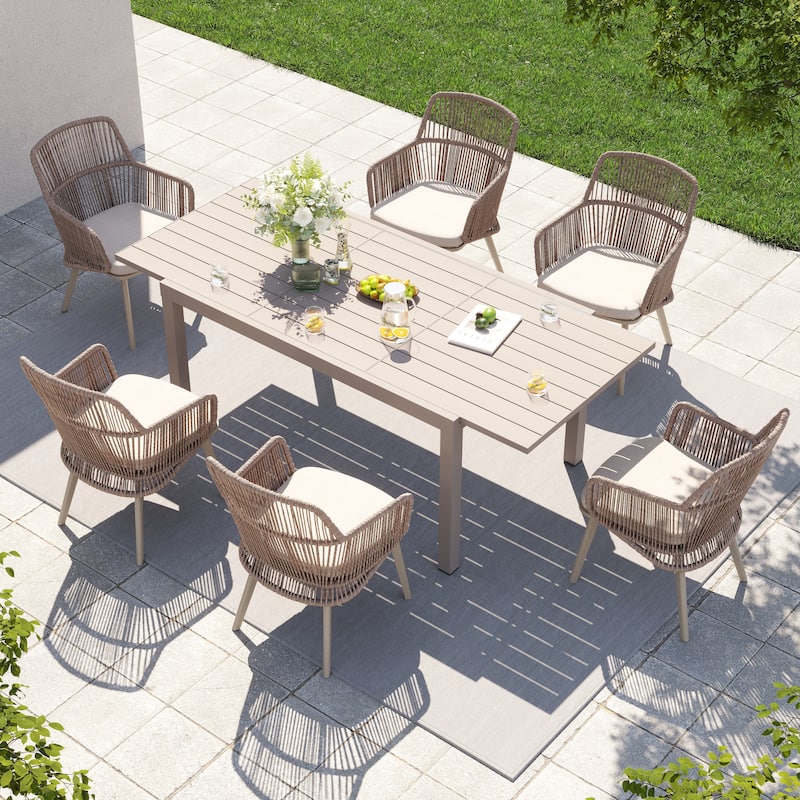 Outdoor Patio Dining Set Dining Chairs and Extendable Dining Table (7-Piece Set) - Beige/Flaxen