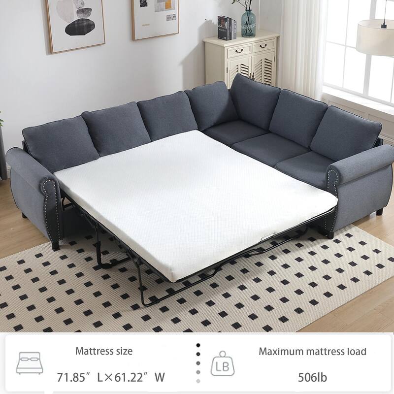 104'' Large Sleeper Sofa Bed, L-Shaped Sectional Couch, Dark Gray