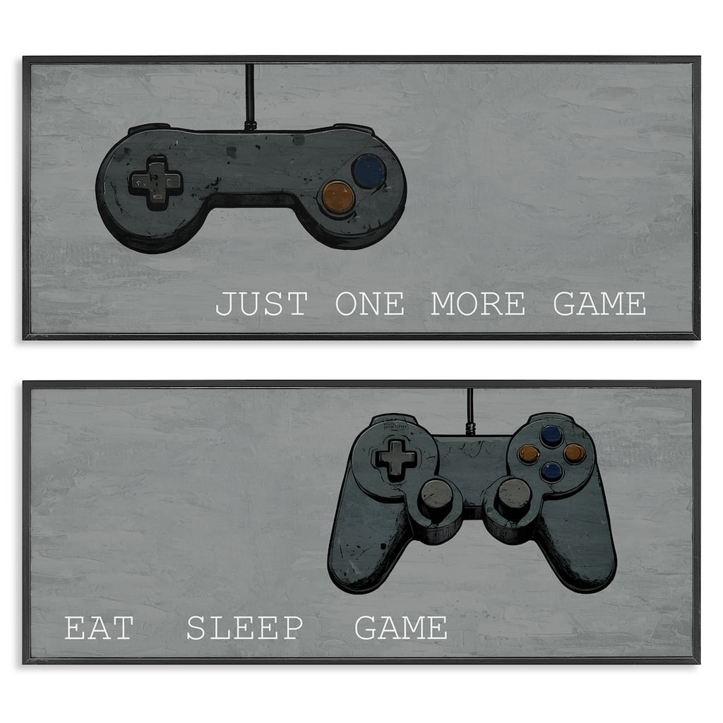 Stupell Gamer Phrases on Grey Framed Giclee Art Design By Kim Allen (Set of 2)