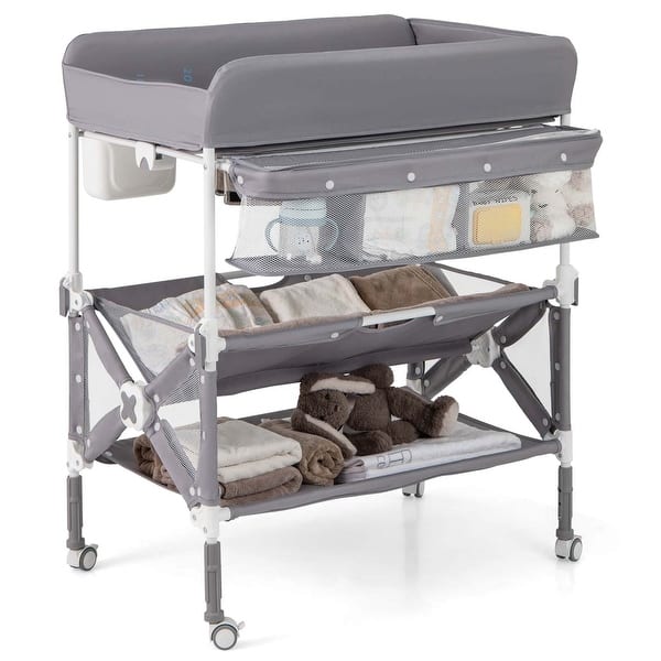 slide 2 of 18, Costway Portable Baby Changing Table with Wheels Adjustable Height - See Details Grey