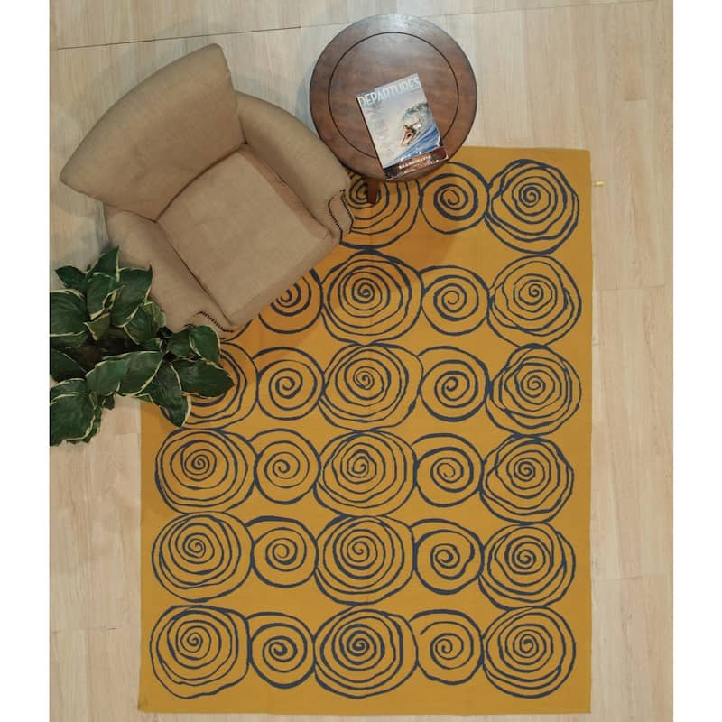 Yellow Handwoven Wool Contemporary Flat Weave Rug 8' x 10' - Modern Plaid Pattern Surged Edge Subtle Hues - N/A