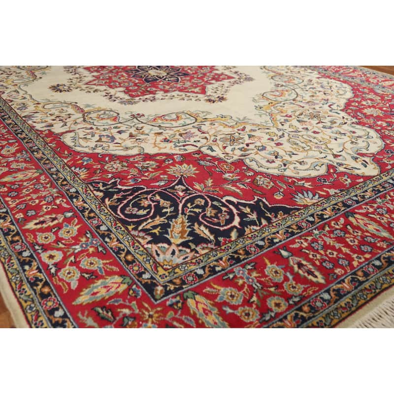 Hand Knotted Oriental 100% Wool Carpet Traditional Floral Beige & Ivories Tabriz Area Rug - 9' 10'' X 6' 5''
